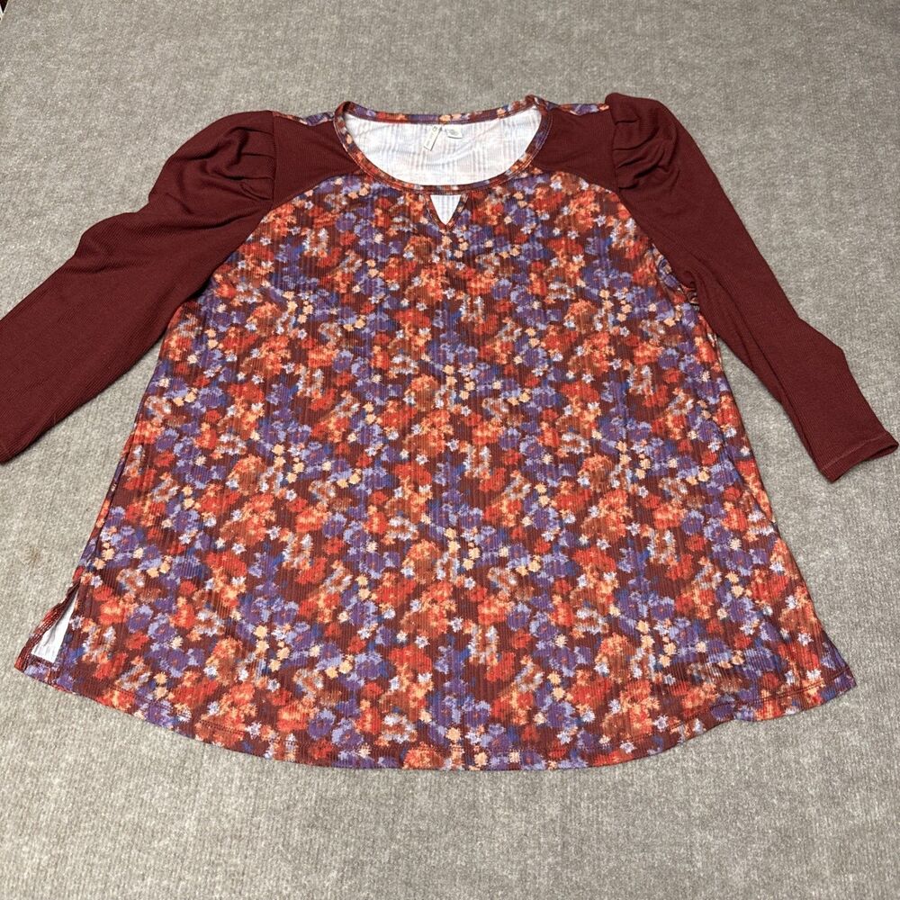 Cato Womens XL 3/4 Sleeve Raglan Puff‎ Sleeve Blouse Keyhole Floral Round Neck